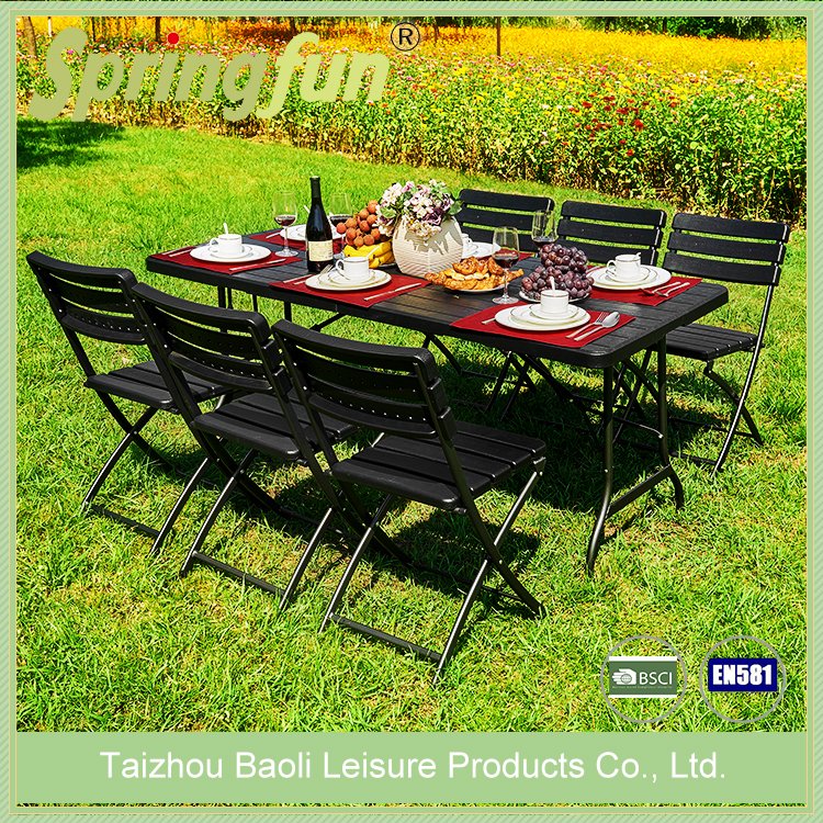 180Cm Brown HDPE Folding Plastic Wooden Look Garden Dinner Tables and Chairs Set