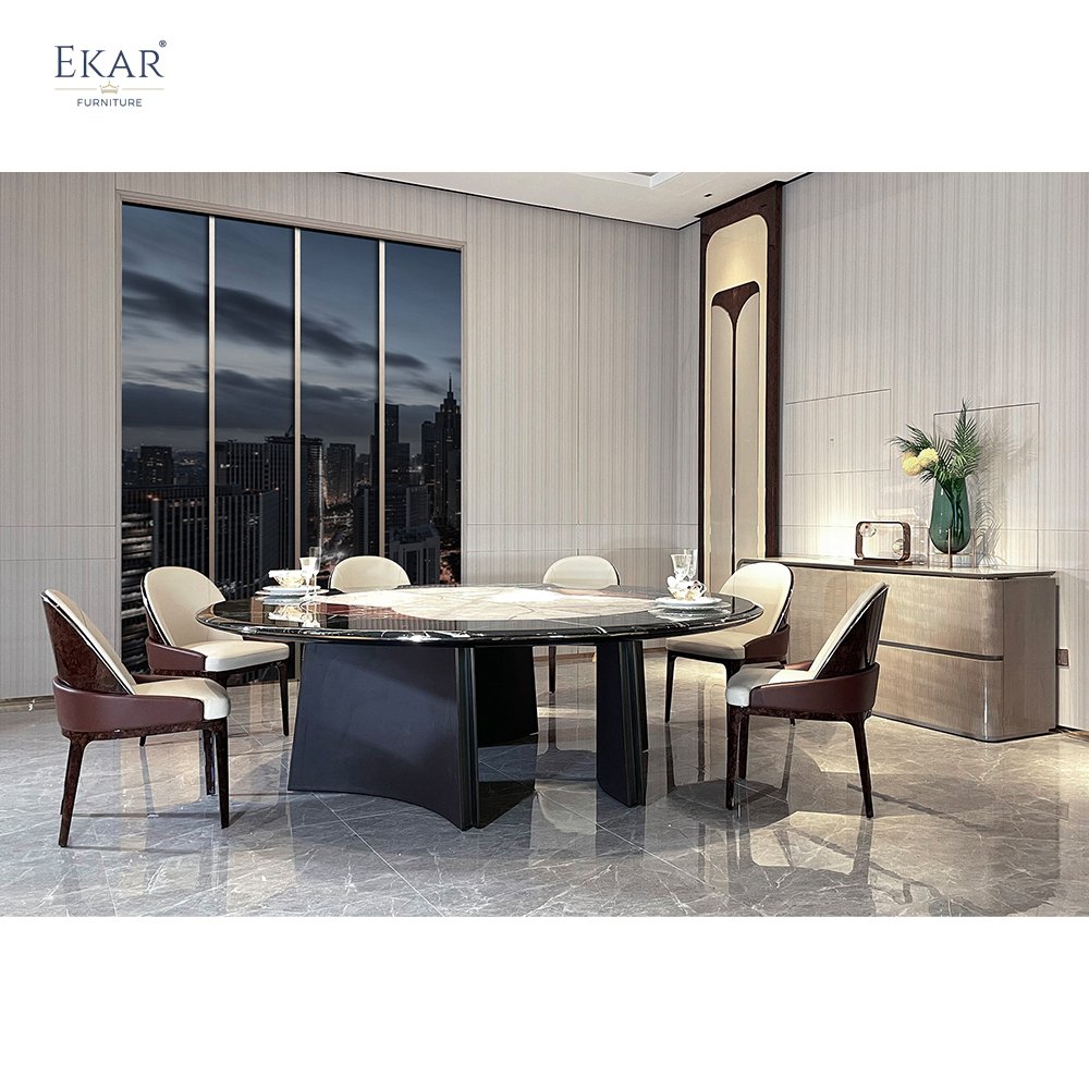 Ekar Luxurious Natural Marble Inlay Dining Table with Antique Bronze Brushed Metal Base