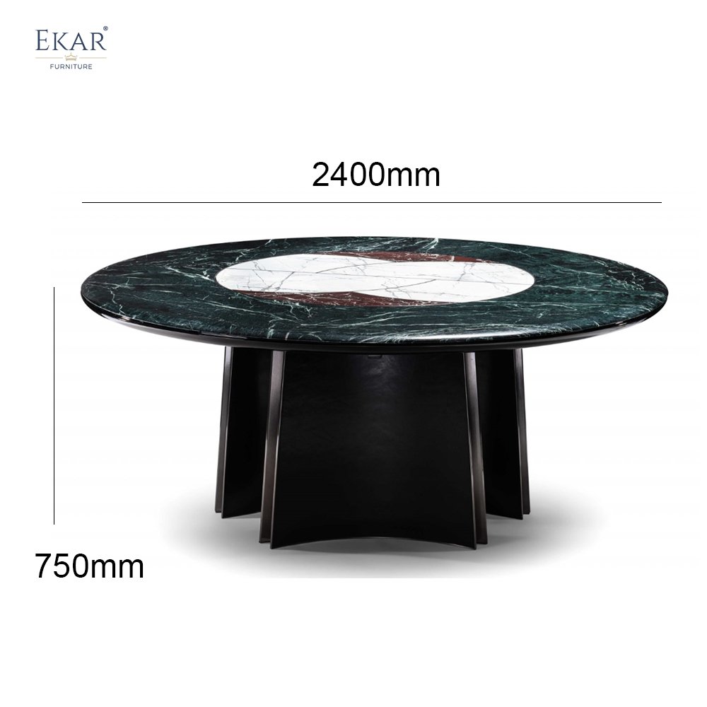 Ekar Luxurious Natural Marble Inlay Dining Table with Antique Bronze Brushed Metal Base
