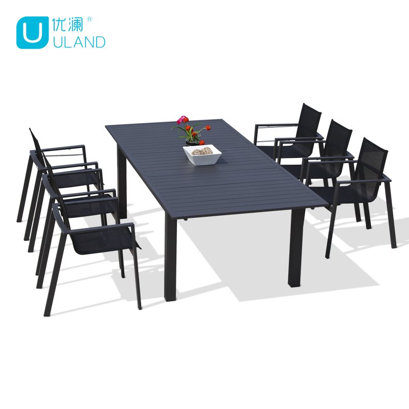 Uland Hotel Garden Outdoor Rectangular Long ALL Aluminum Dining Table 6 Seater Modern Expandable Dining Table Set