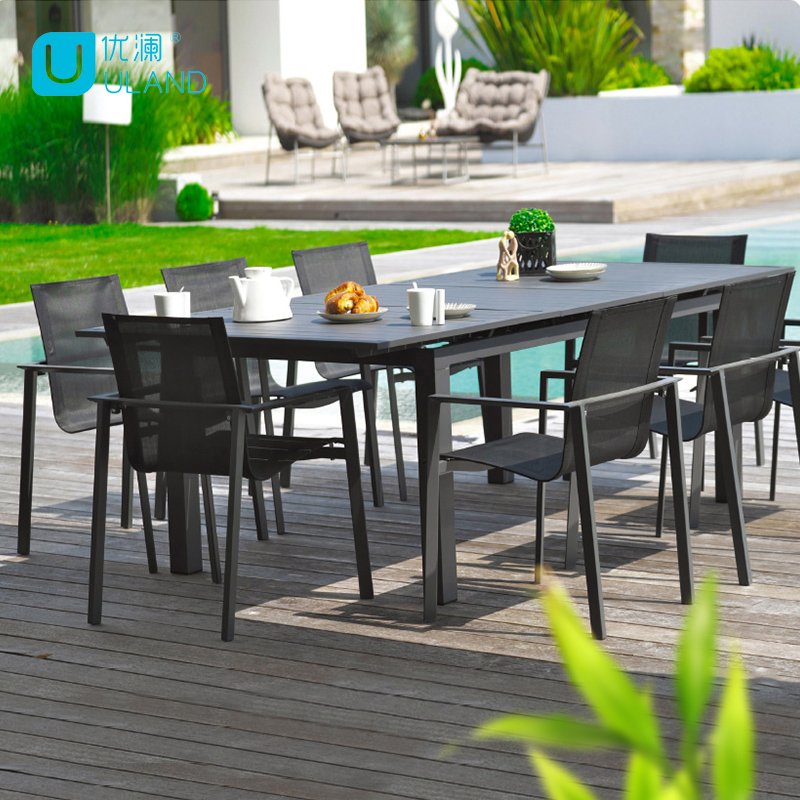 Uland Hotel Garden Outdoor Rectangular Long ALL Aluminum Dining Table 6 Seater Modern Expandable Dining Table Set