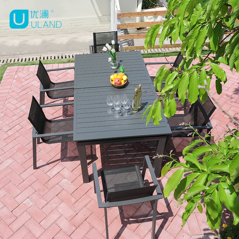 Uland Hotel Garden Outdoor Rectangular Long ALL Aluminum Dining Table 6 Seater Modern Expandable Dining Table Set