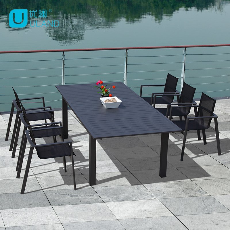 Uland Hotel Garden Outdoor Rectangular Long ALL Aluminum Dining Table 6 Seater Modern Expandable Dining Table Set