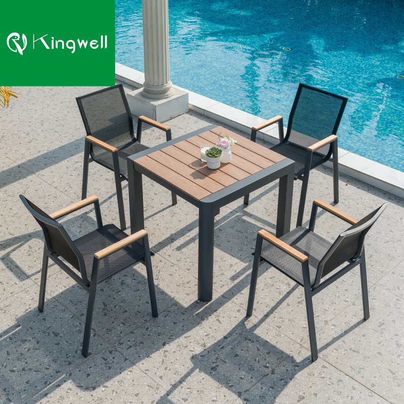 Professional factory teak garden dining furniture set outdoor stackable aluminum chairs and plastic wood table for restaurant
