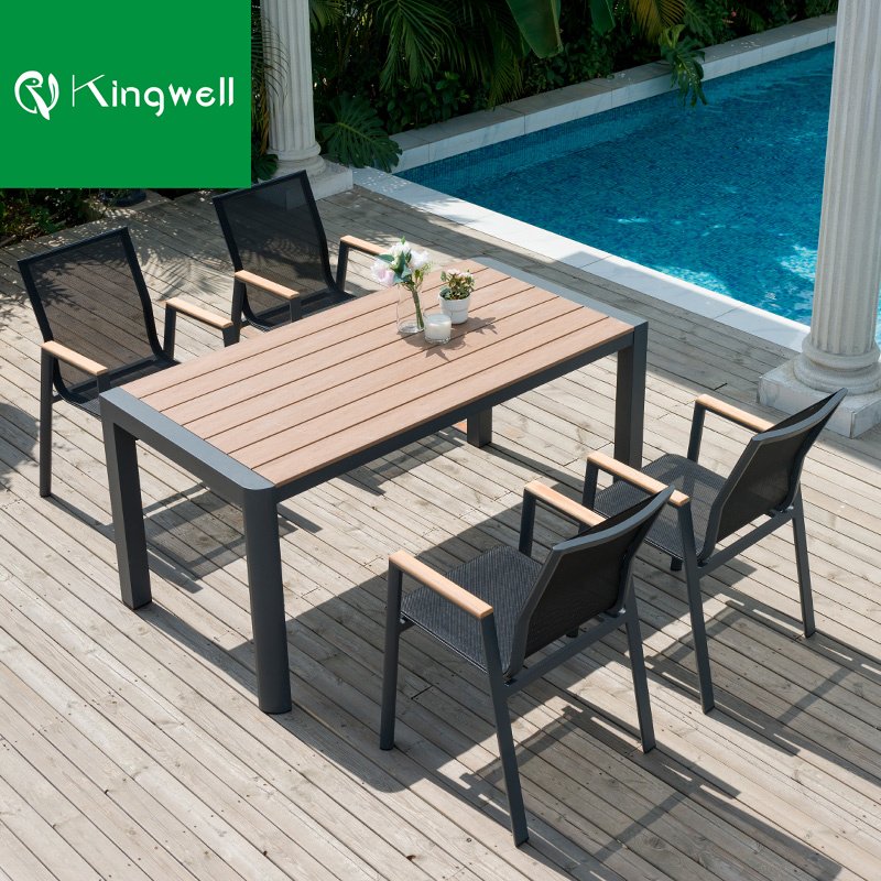 Professional factory teak garden dining furniture set outdoor stackable aluminum chairs and plastic wood table for restaurant