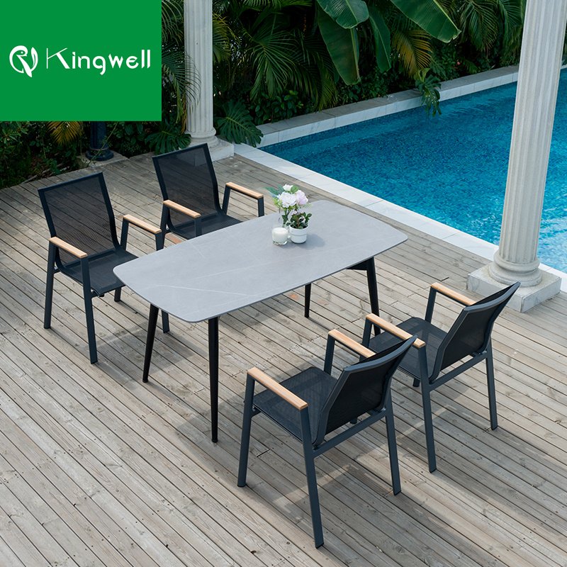 Professional factory teak garden dining furniture set outdoor stackable aluminum chairs and plastic wood table for restaurant