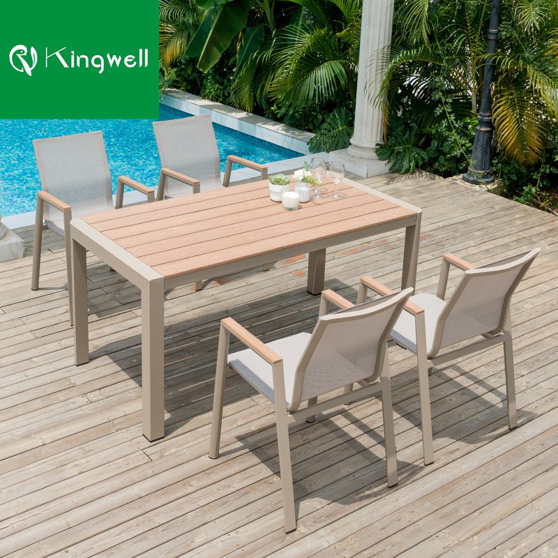 Professional factory teak garden dining furniture set outdoor stackable aluminum chairs and plastic wood table for restaurant