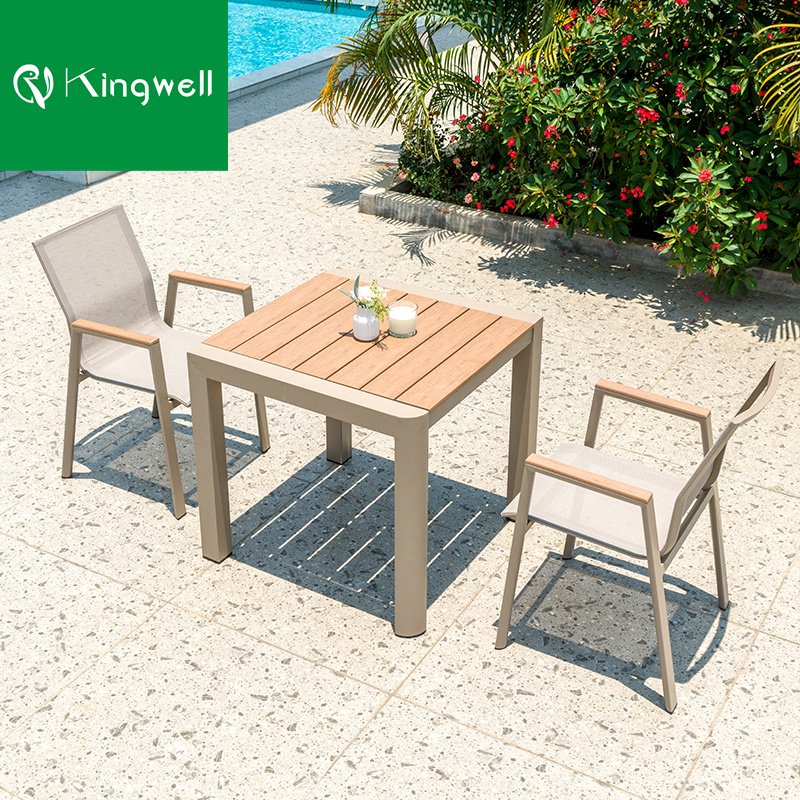 Professional factory teak garden dining furniture set outdoor stackable aluminum chairs and plastic wood table for restaurant