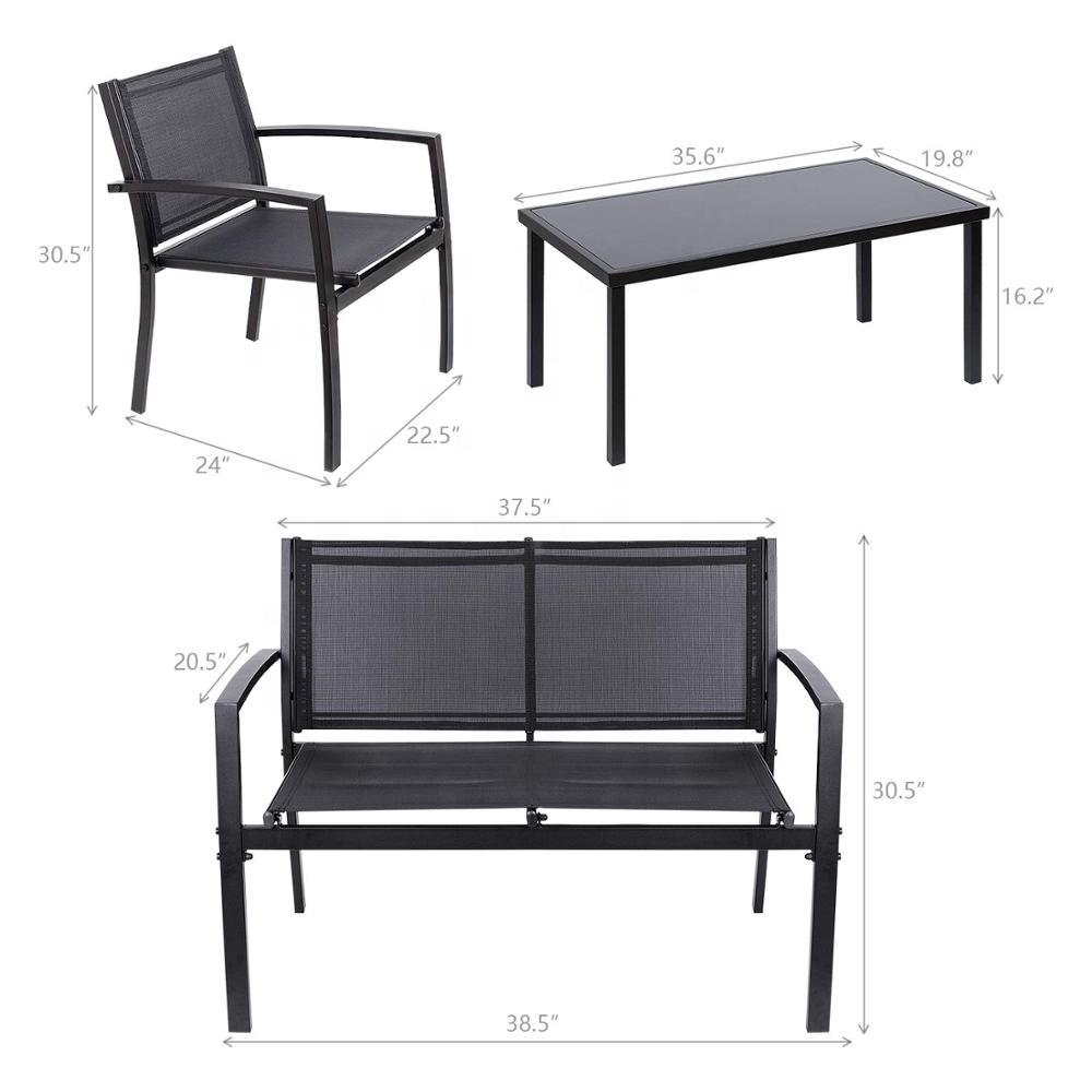 4 Pieces Outdoor Patio Furniture Set Conversation Set Black Sling Fabric Bistro Conversation Sofa Set with Loveseat for Balcony