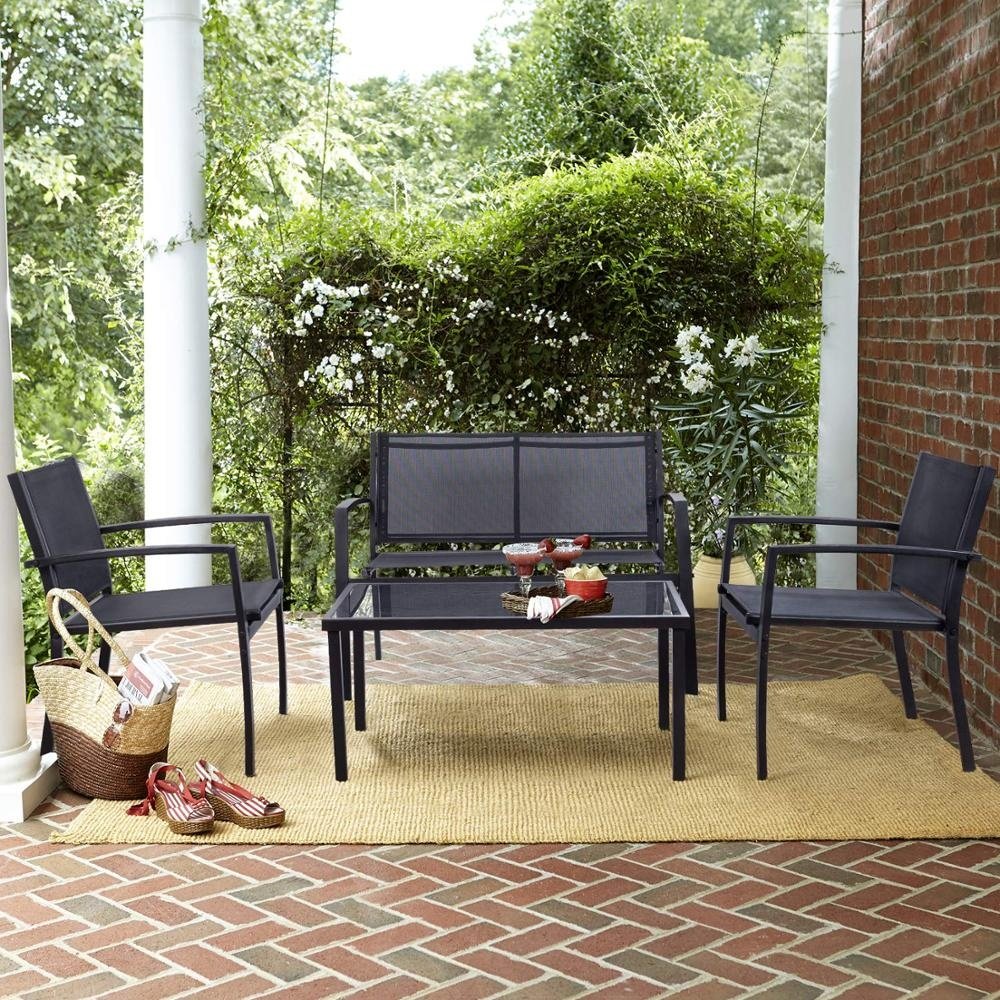 4 Pieces Outdoor Patio Furniture Set Conversation Set Black Sling Fabric Bistro Conversation Sofa Set with Loveseat for Balcony