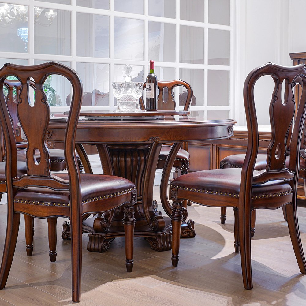 6 8 seat brown classic design dining table set luxury wooden ornate round classic dining table