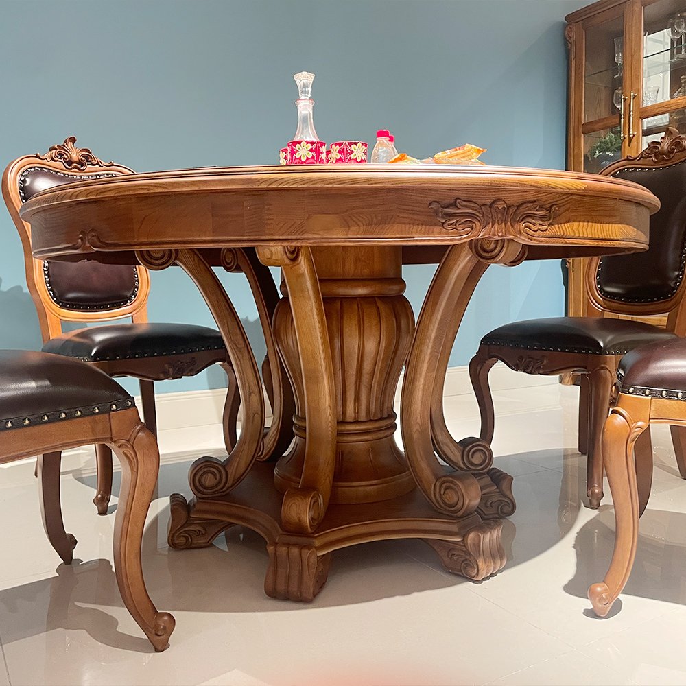 6 8 seat brown classic design dining table set luxury wooden ornate round classic dining table