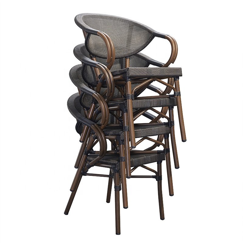 French Black Porch Garden Wicker 5 Piece Dining Set Furniture Outdoor Patio Cafe Rattan Aluminum Round Table 4 Seater Chairs
