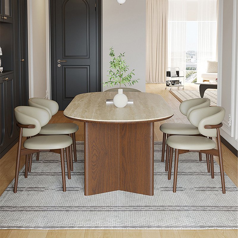 Nordic French retro oval antique wood dining room table 6 seater walnut restaurant dinner table and chairs set kitchen furniture