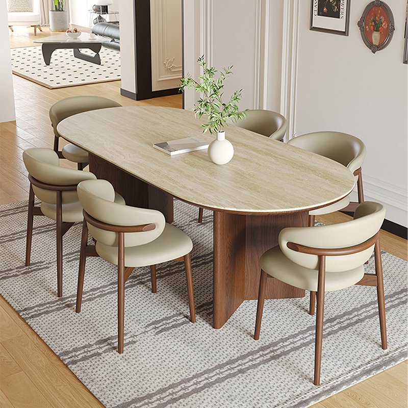 Nordic French retro oval antique wood dining room table 6 seater walnut restaurant dinner table and chairs set kitchen furniture