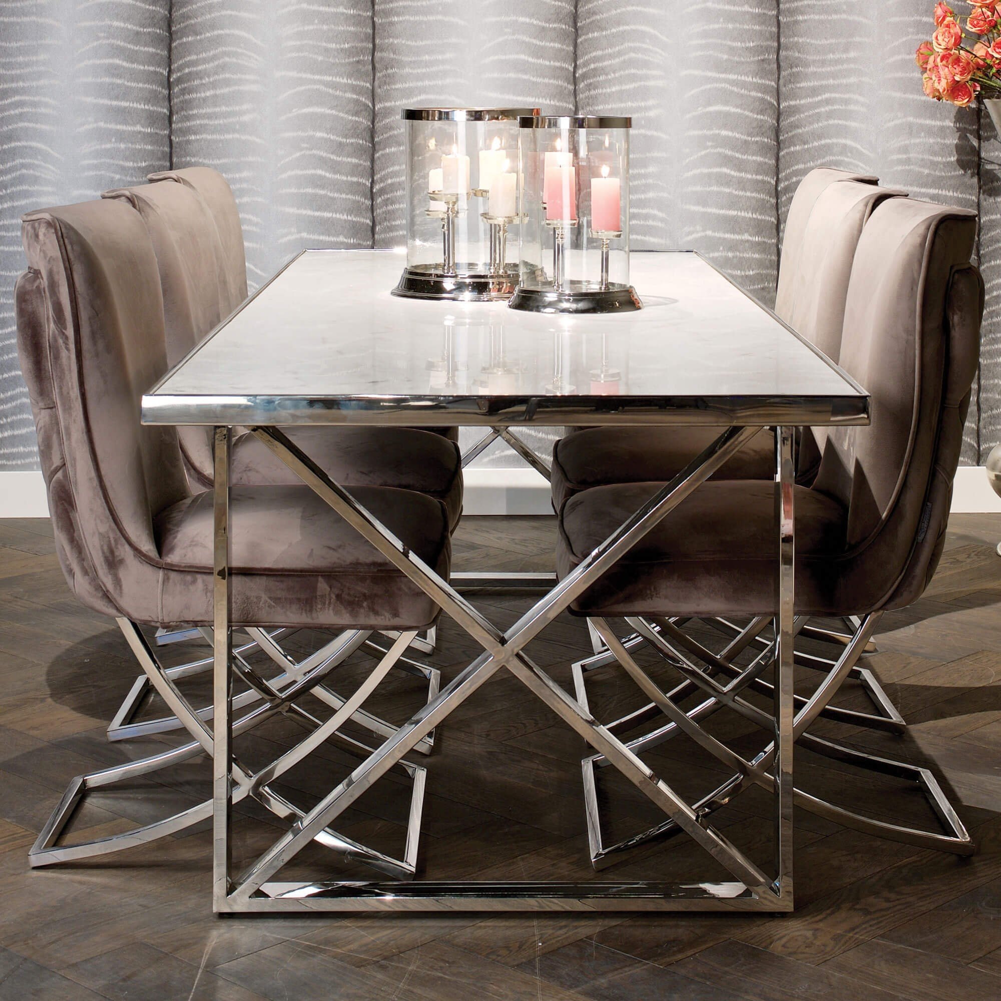 Gold chrome stainless steel frame dining table set with chair marble stone white glass black glass top stable best quality