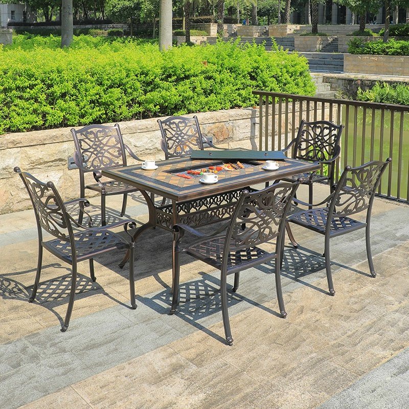 All Weather Outdoor Balcony Rectangle Barbecue Table 6 Chairs Armrest Dining Room Portable Cast Aluminum Dining Table Set