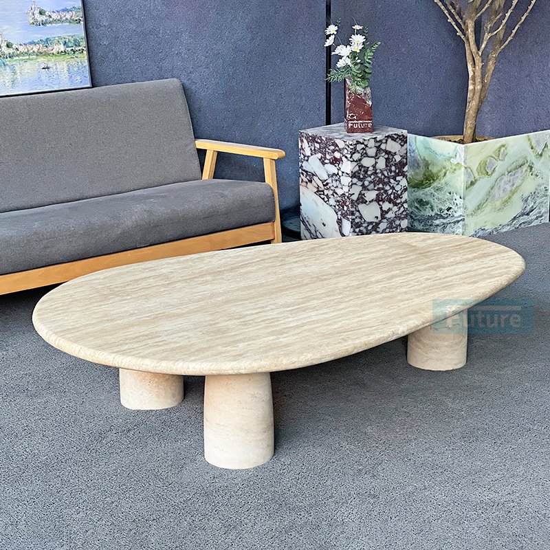 Luxury Wabi Sabi Customized Natural Oval Top Beige Travertine Dining Table Coffee Table Furniture With 3 Leg For 8 Seater
