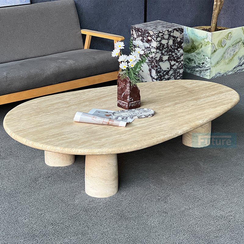 Luxury Wabi Sabi Customized Natural Oval Top Beige Travertine Dining Table Coffee Table Furniture With 3 Leg For 8 Seater