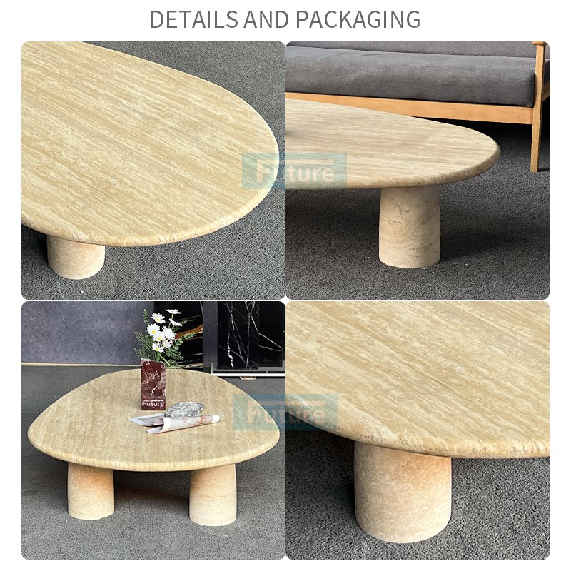 Luxury Wabi Sabi Customized Natural Oval Top Beige Travertine Dining Table Coffee Table Furniture With 3 Leg For 8 Seater