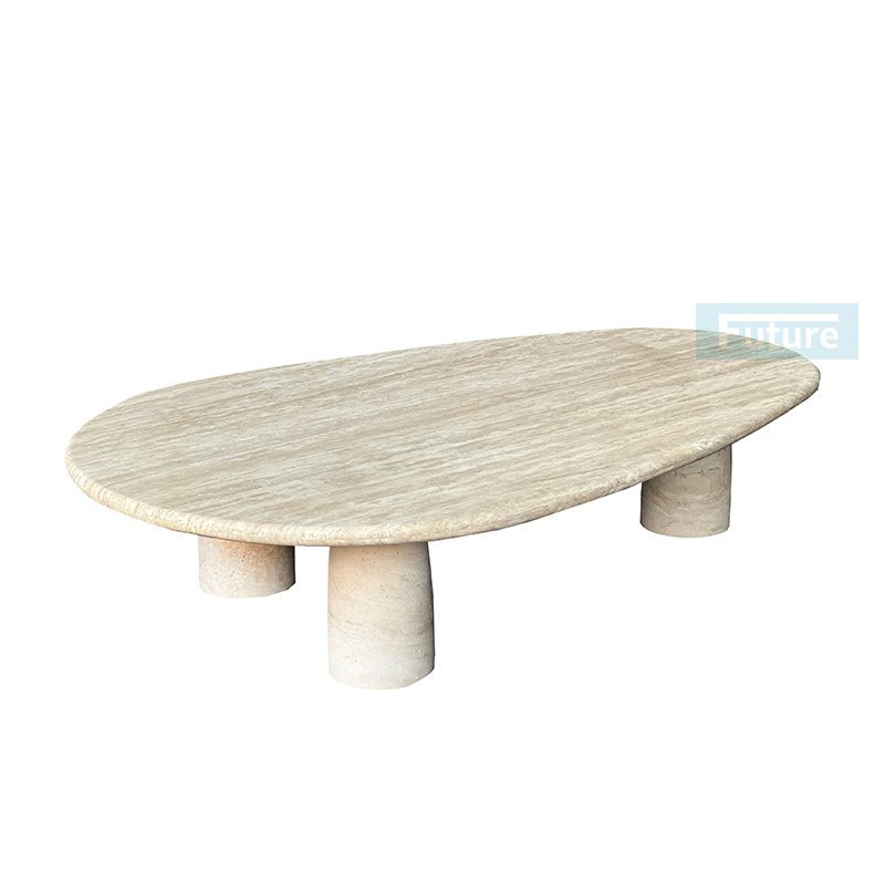 Luxury Wabi Sabi Customized Natural Oval Top Beige Travertine Dining Table Coffee Table Furniture With 3 Leg For 8 Seater