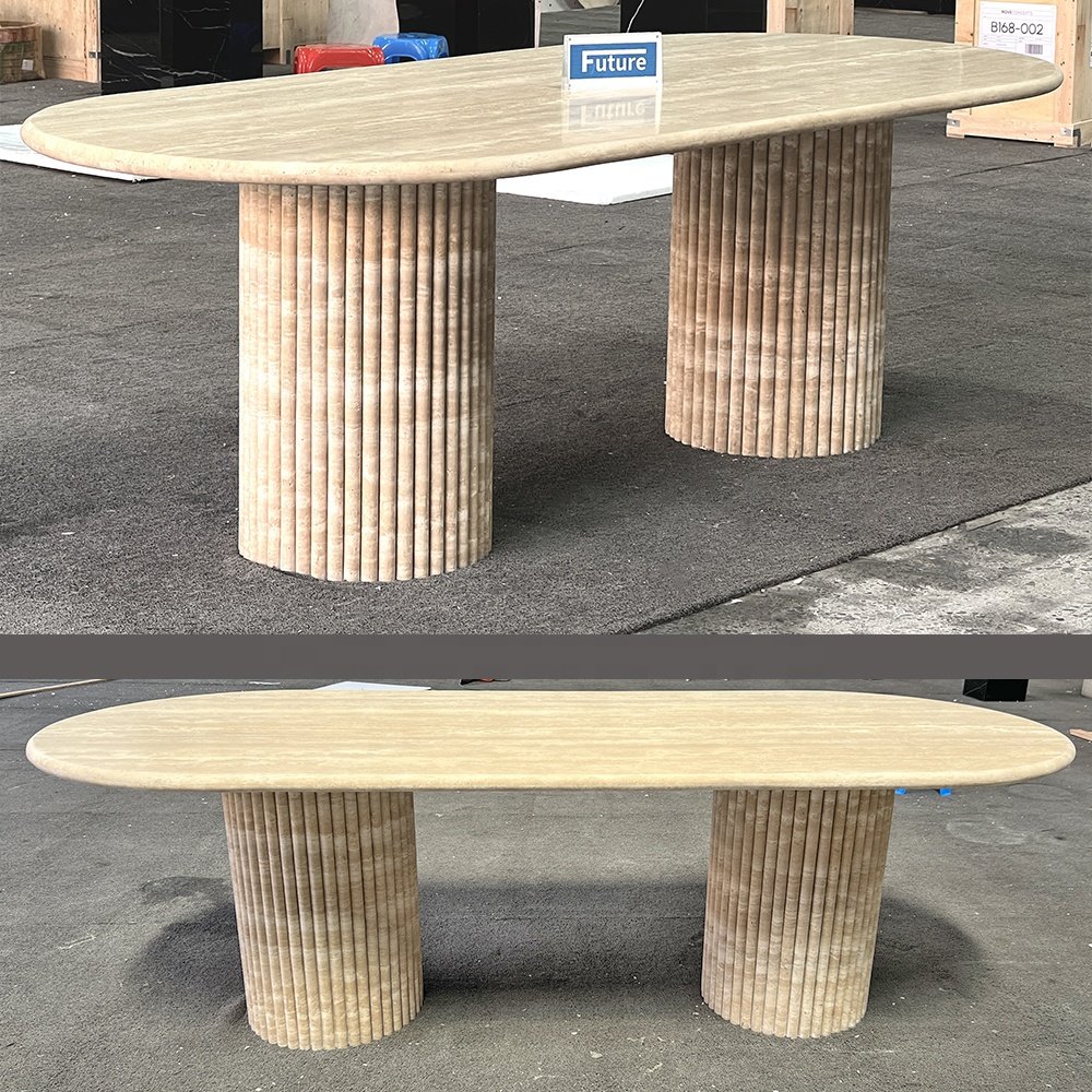 Luxury Customized Natural Beige Travertine Dining Table Stone Furniture Dining Table Fluted Oval Marble Travertine Dining Table