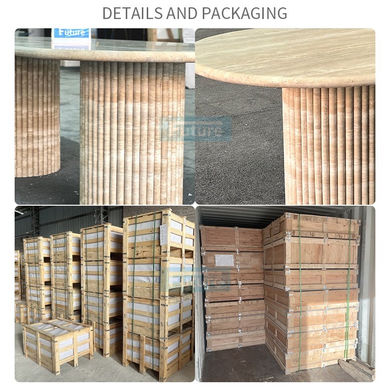 Luxury Customized Natural Beige Travertine Dining Table Stone Furniture Dining Table Fluted Oval Marble Travertine Dining Table