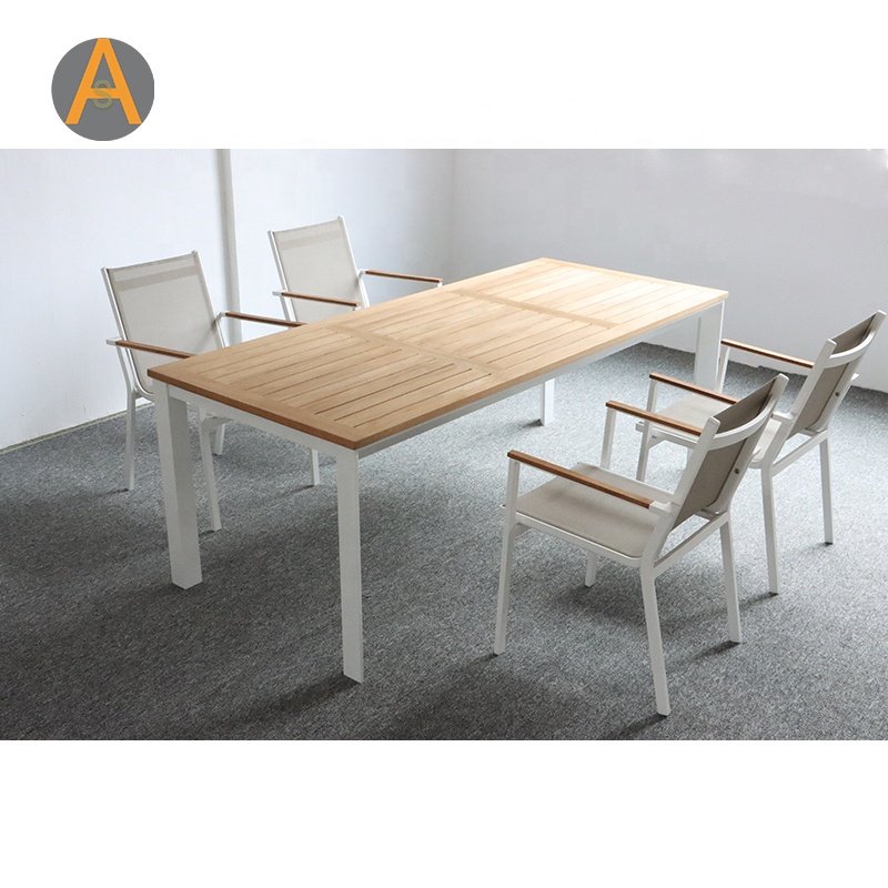 Modern garden furniture outdoor teak dining table and chair set Aluminum sling garden dining set for patio