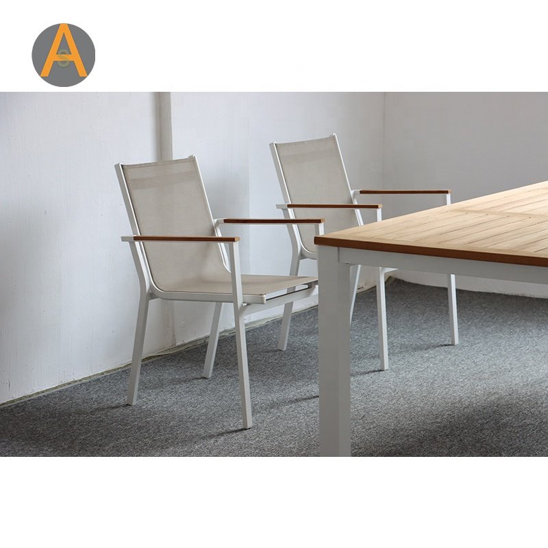 Modern garden furniture outdoor teak dining table and chair set Aluminum sling garden dining set for patio