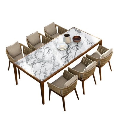 Anti-corrosive Rock Plate High-End Dining Table and Chairs for Outdoor Garden Villa Rope Braided Teak Furniture Combination