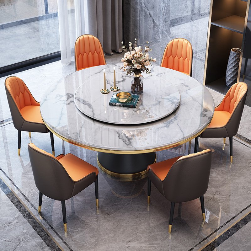 8 Seat Modern Leisure Dining Room Furniture Round Dining Table Set With Marble Rotating Center