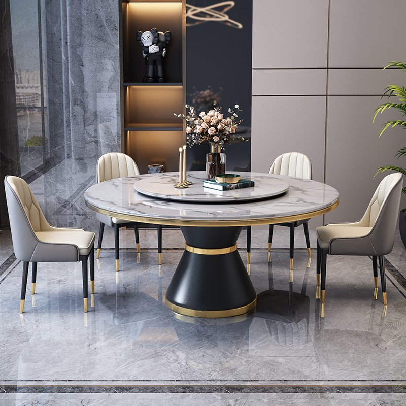 8 Seat Modern Leisure Dining Room Furniture Round Dining Table Set With Marble Rotating Center