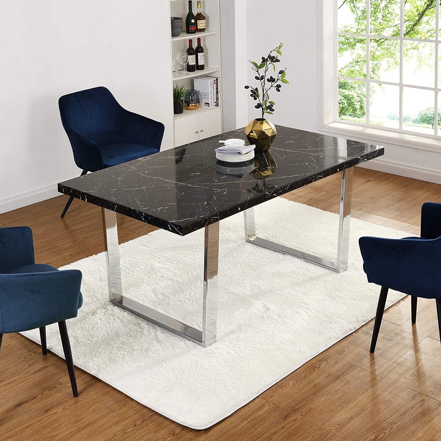 New style dining table set 4 seater blue velvet fabric chairs kitchen furniture contemporary MDF dining table sets