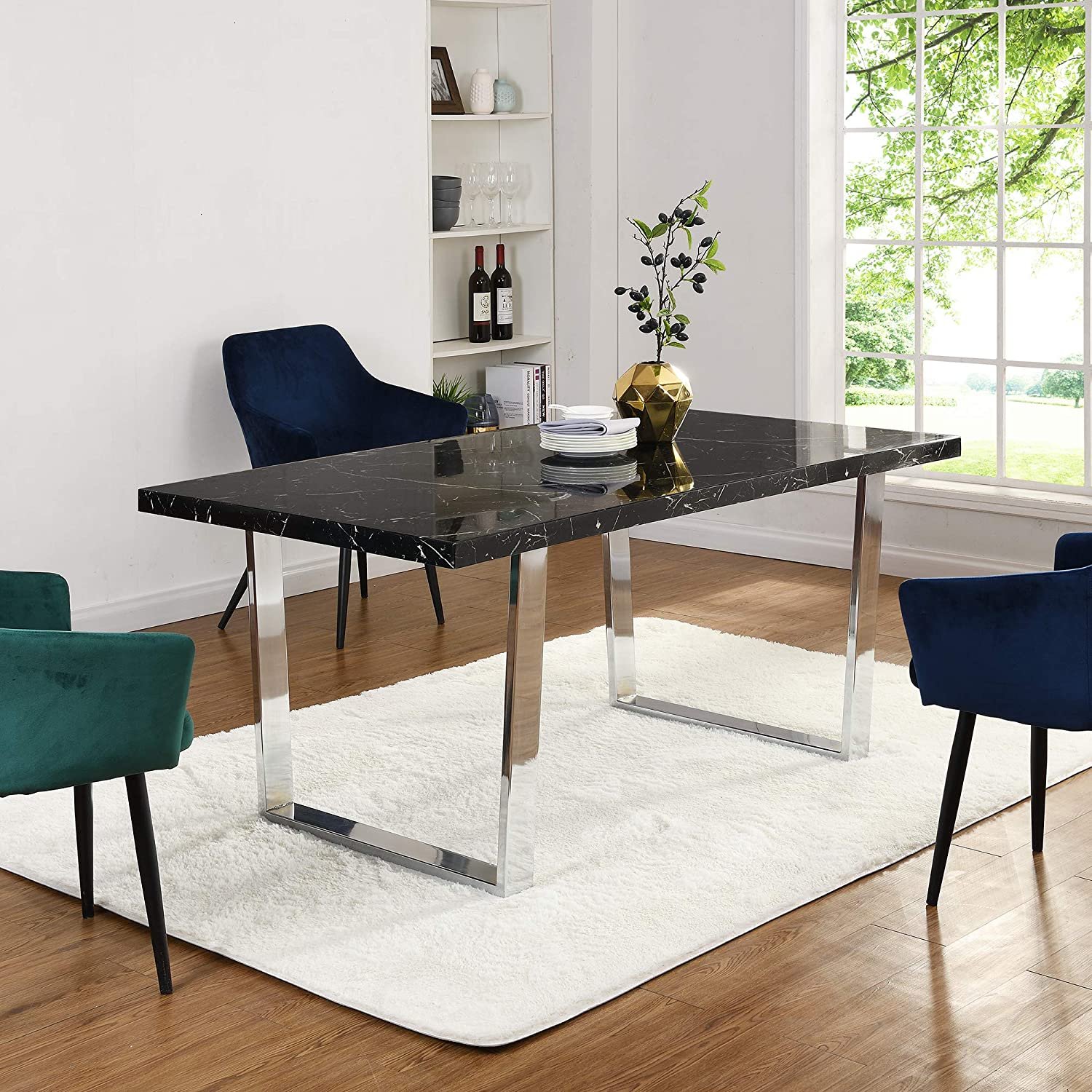 New style dining table set 4 seater blue velvet fabric chairs kitchen furniture contemporary MDF dining table sets