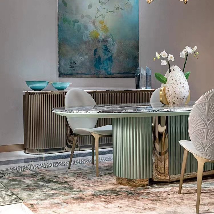 Furnistyle Design Leonardo Vertical Concave Profiles Light Green Italian Modern Luxury 6 Chairs Oval Genuine Marble Dining Table