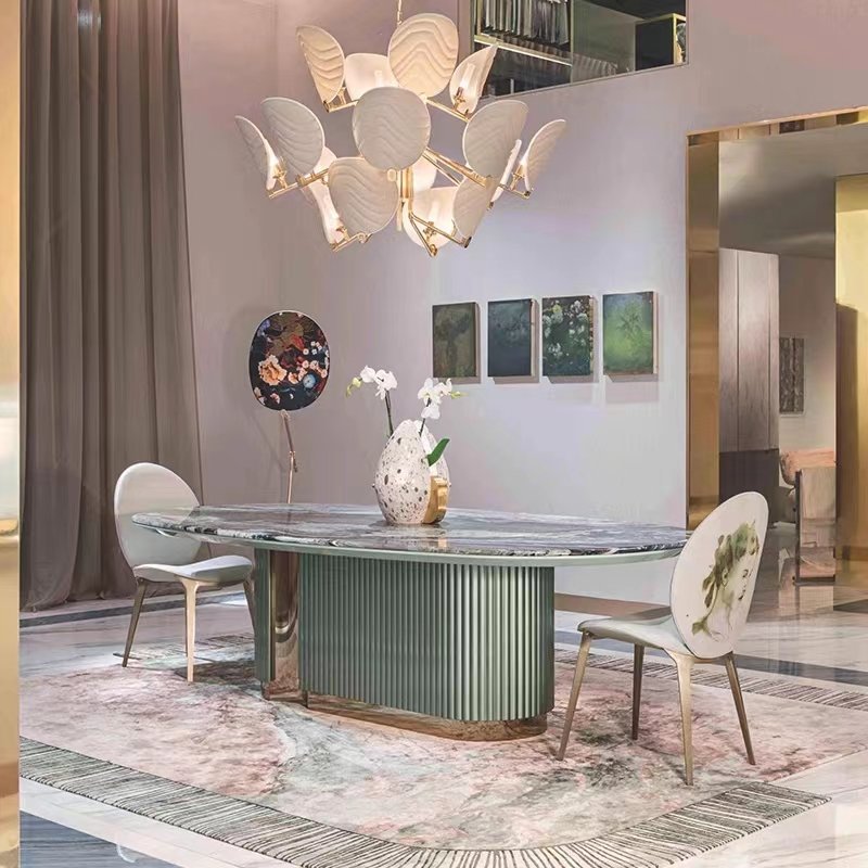 Furnistyle Design Leonardo Vertical Concave Profiles Light Green Italian Modern Luxury 6 Chairs Oval Genuine Marble Dining Table