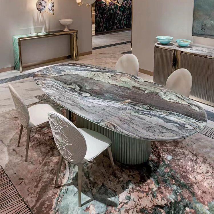 Furnistyle Design Leonardo Vertical Concave Profiles Light Green Italian Modern Luxury 6 Chairs Oval Genuine Marble Dining Table