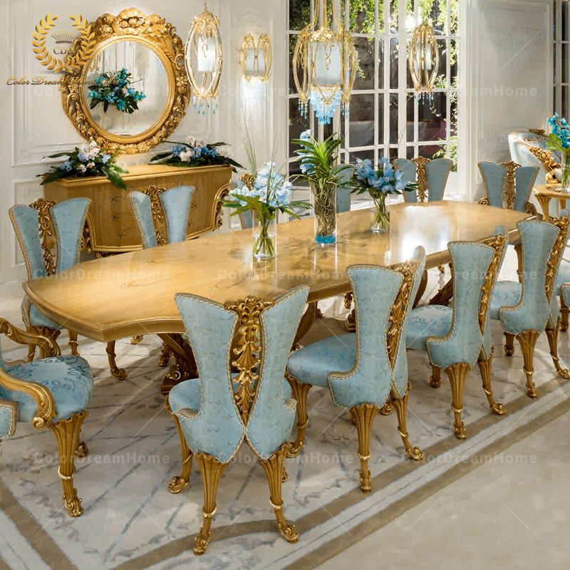 Luxury italian style dining table set 12 seater with chairs home furniture for Baroque Carving dining room furniture