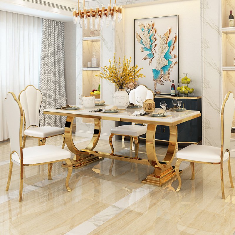 Modern luxury marble sliver metal dining tables and chairs set 8 seater people dining table set for home living room furniture