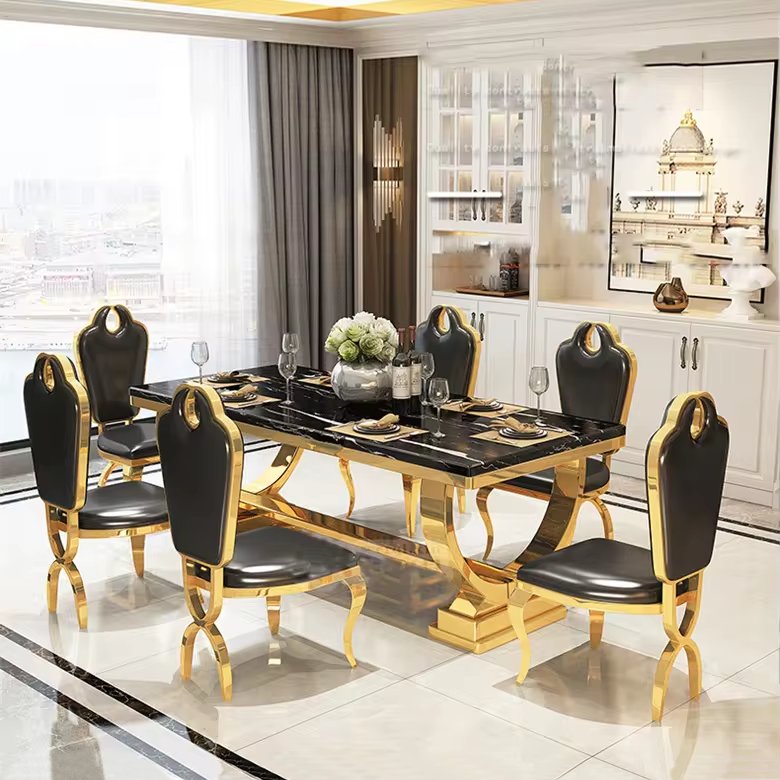 Modern luxury marble sliver metal dining tables and chairs set 8 seater people dining table set for home living room furniture