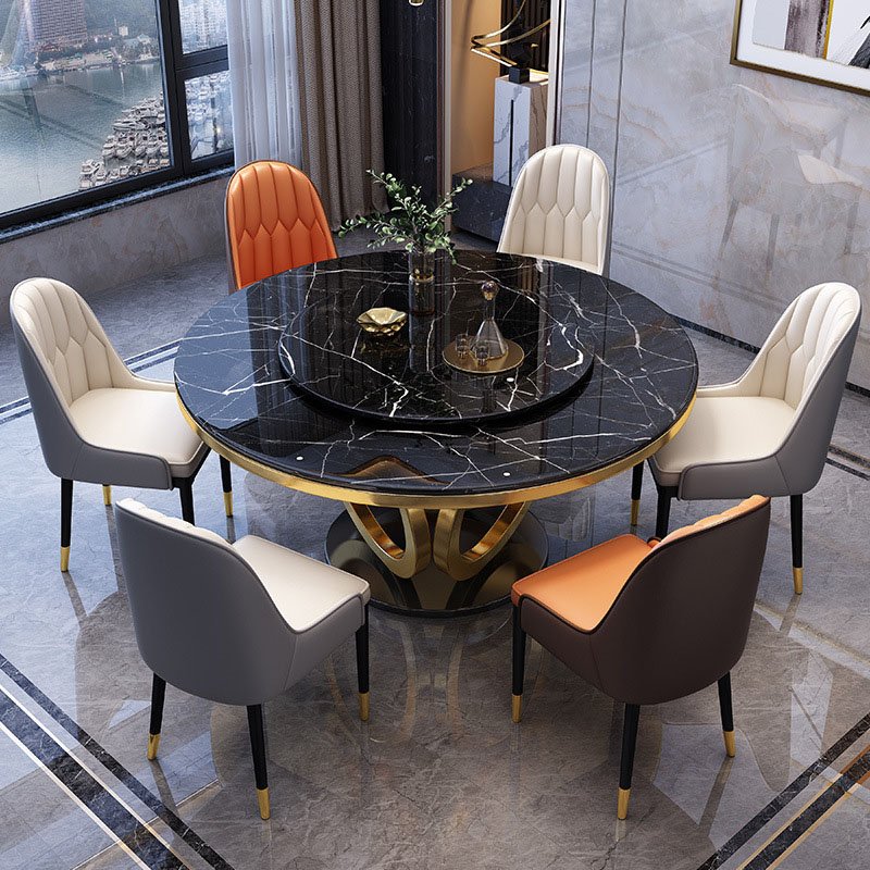 Light luxury round with turntable slate dining table round table marble dining table restaurant furniture set