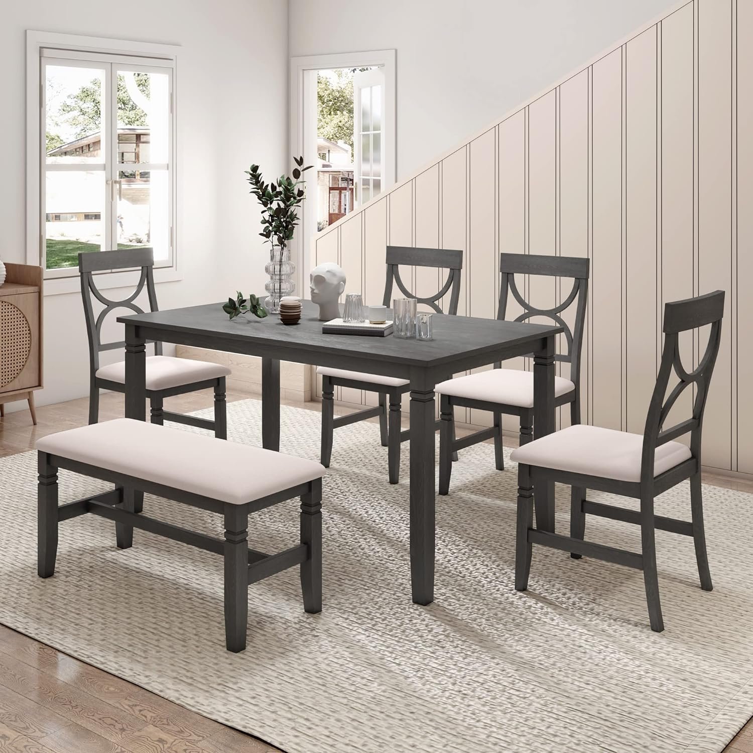 Solid Wood 5-Piece Dining Table Set with 4 Chairs 1 Bench Modern Romantic Dining Table set For 5 6 seaters Kitchen Restaurant