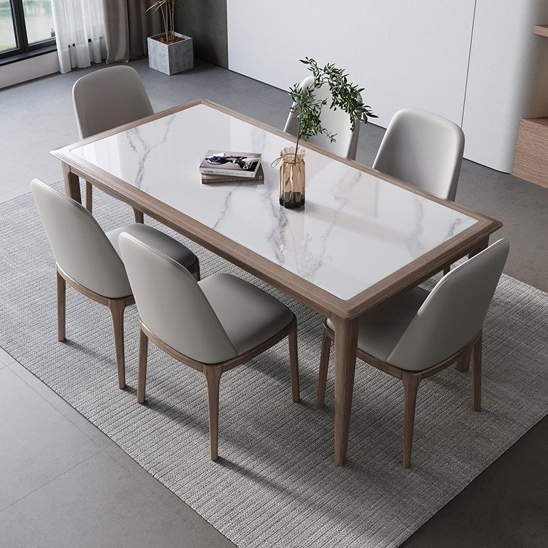 Scandinavian inlaid bright solid wood slate dining table Modern and simple white wax wood rectangular dining table