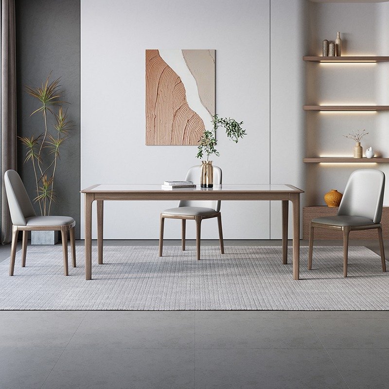 Scandinavian inlaid bright solid wood slate dining table Modern and simple white wax wood rectangular dining table