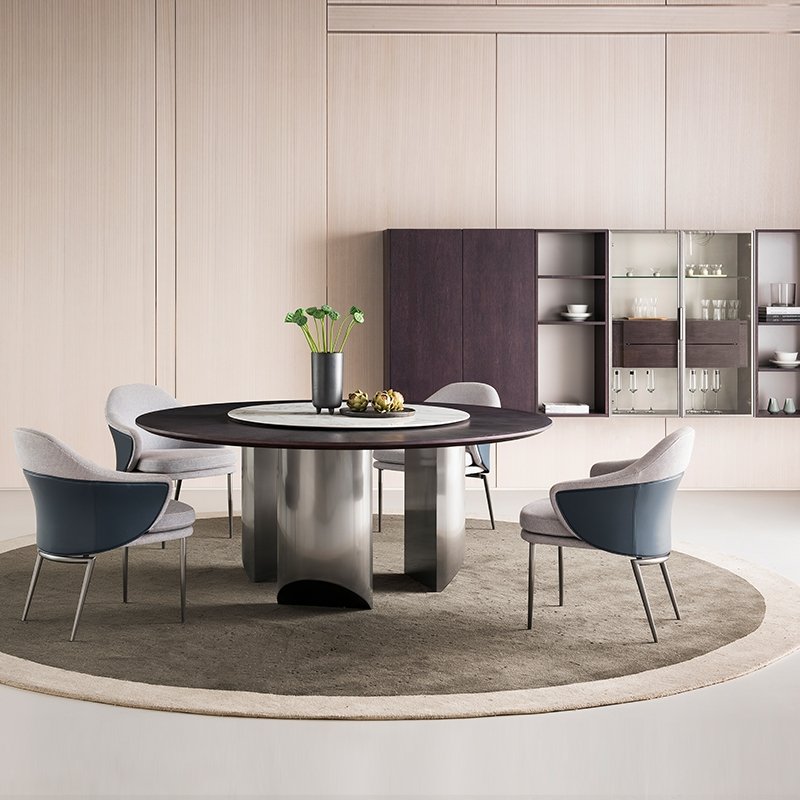Modern minimalist dining table and chairs set stainless steel base blacknatural marble top round dining table