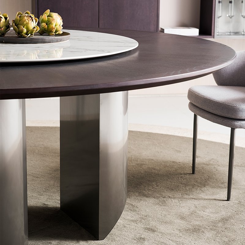Modern minimalist dining table and chairs set stainless steel base blacknatural marble top round dining table