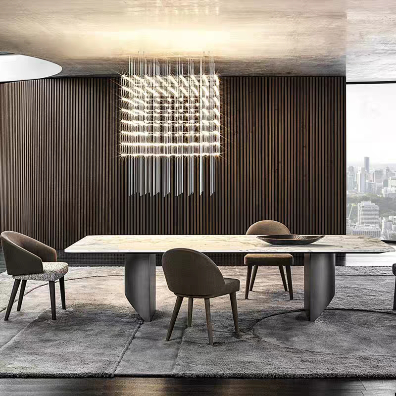 Modern minimalist dining table and chairs set stainless steel base blacknatural marble top round dining table