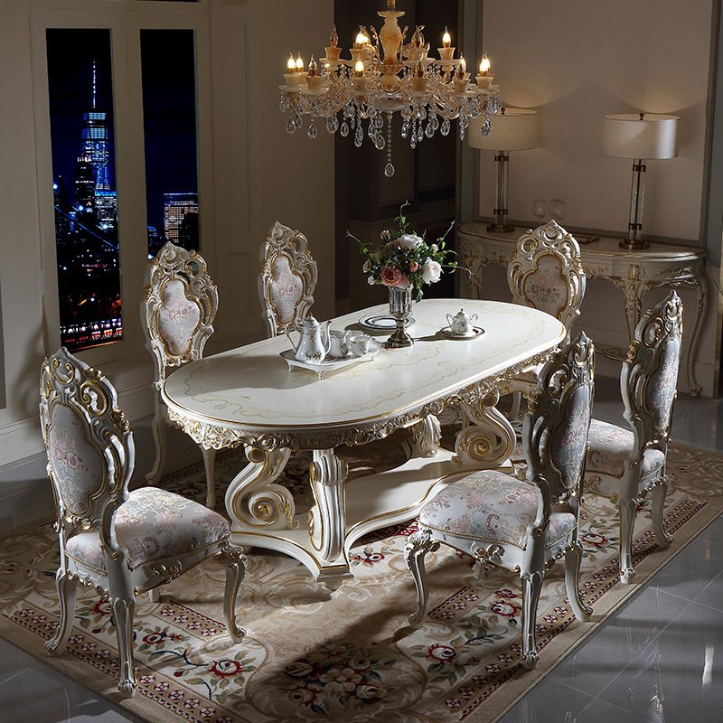 French Marquetry Style Designer Dining Table Set New Elaborate Design Dining Table and Chairs Dining Room Furniture Set