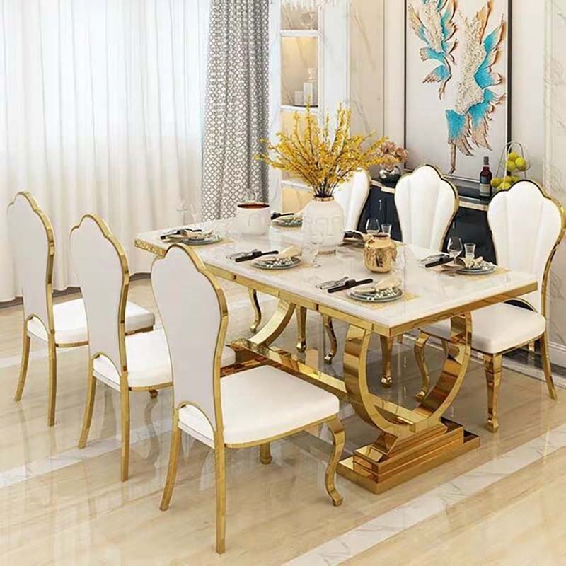 dining table sets luxury marble top rose gold stainless steel rectangle pedestal table with 6 chairs dining room set furniture