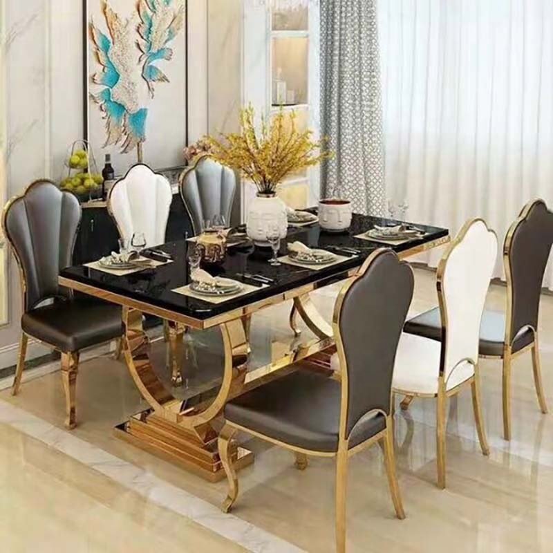 dining table sets luxury marble top rose gold stainless steel rectangle pedestal table with 6 chairs dining room set furniture